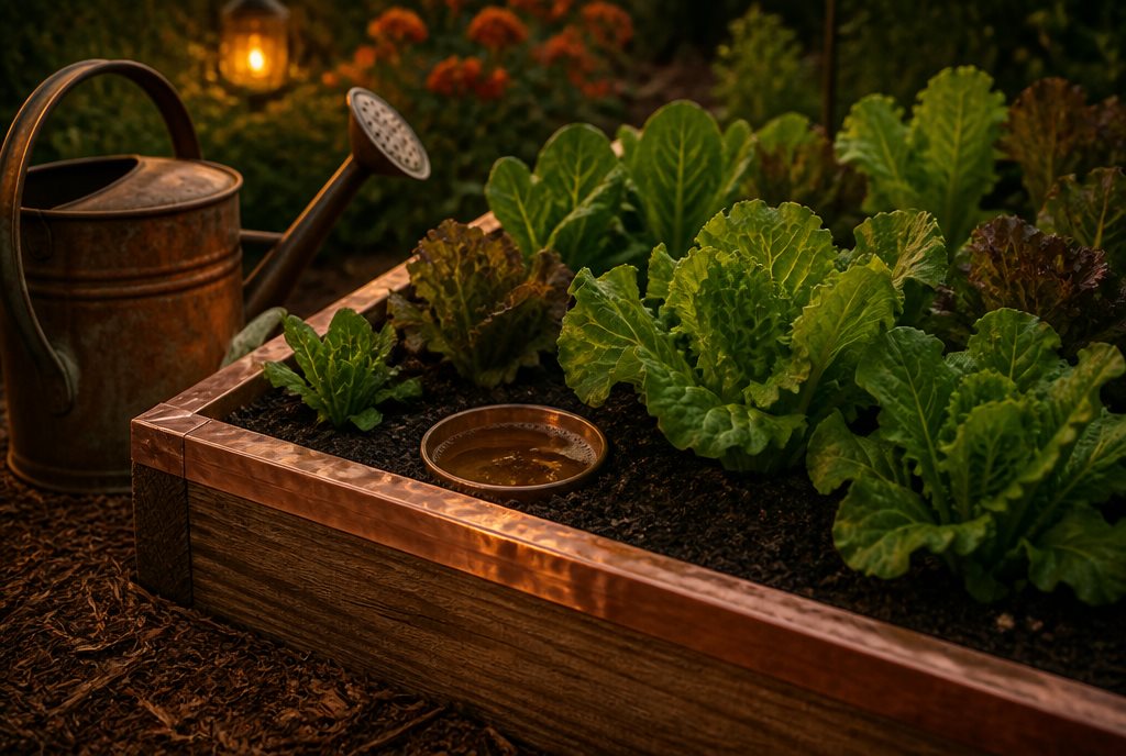 Lettuce bed at evening with a copper tape barrier and a sunken beer trap