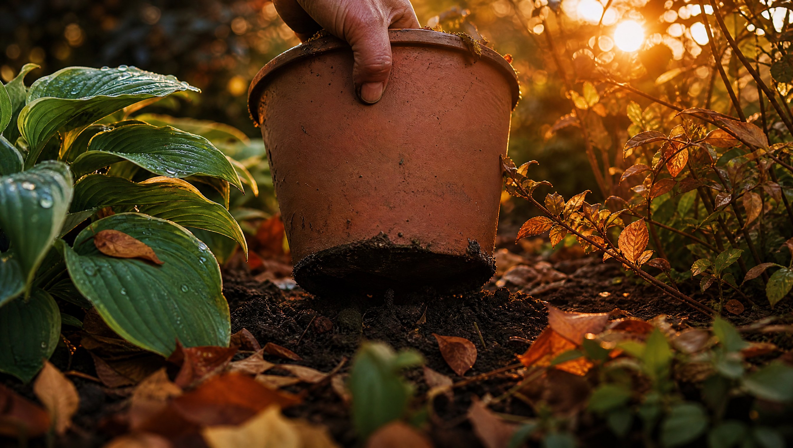 Golden-hour close-up of a gardener lifting a terracotta pot to check for slug eggs in the damp soil beneath it