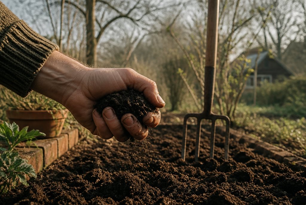 Hand squeezing a ball of dark spring soil over a freshly turned bed