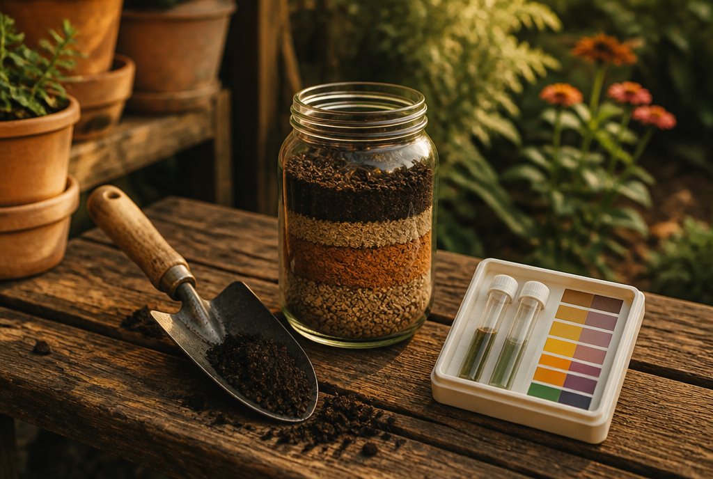Trowel of dark soil beside a settled jar test and a soil test kit on a bench