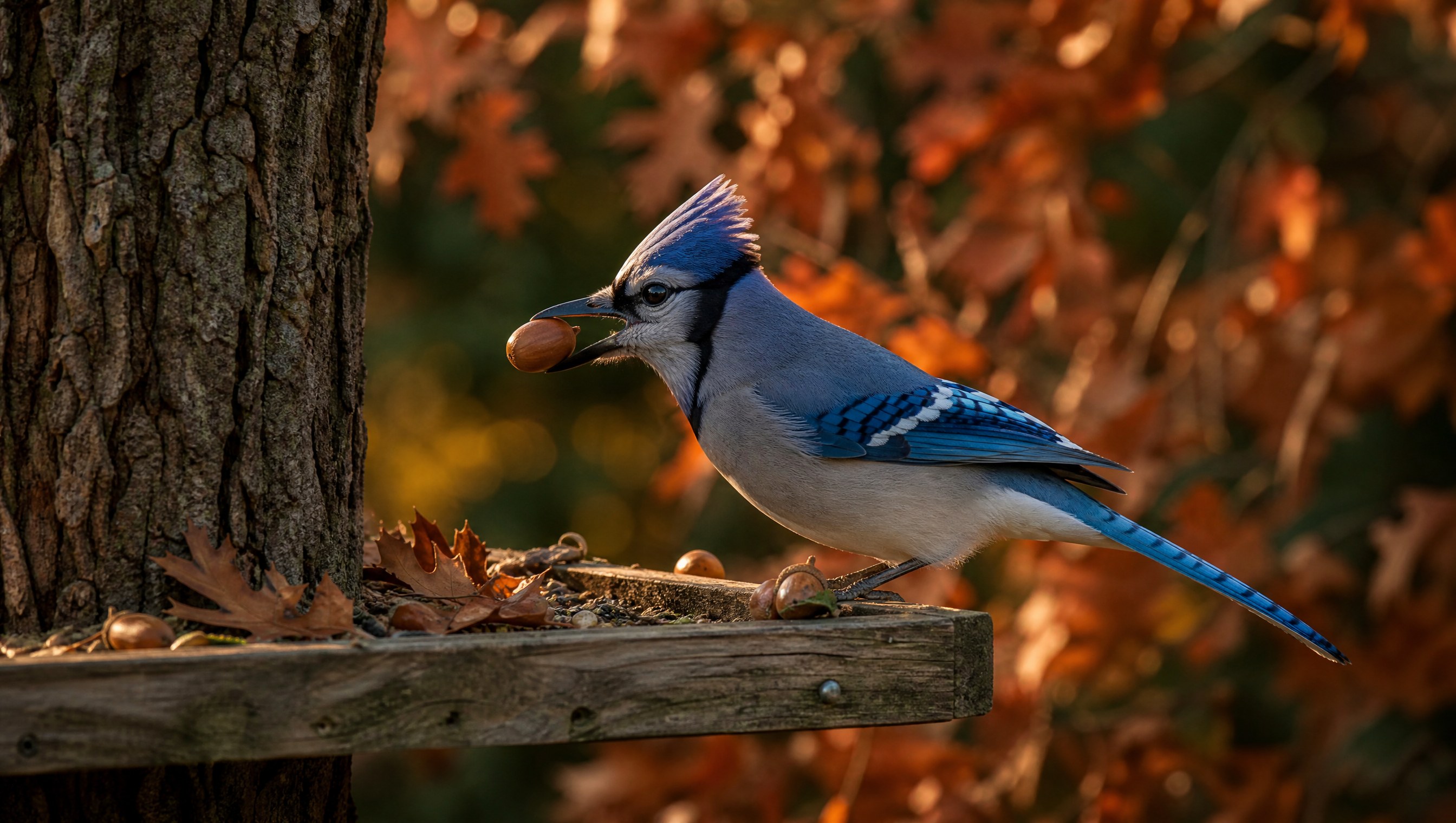 A blue jay with a blue crest, black necklace and white wing patches perched on a wooden feeder beside an oak in golden autumn light, holding an acorn