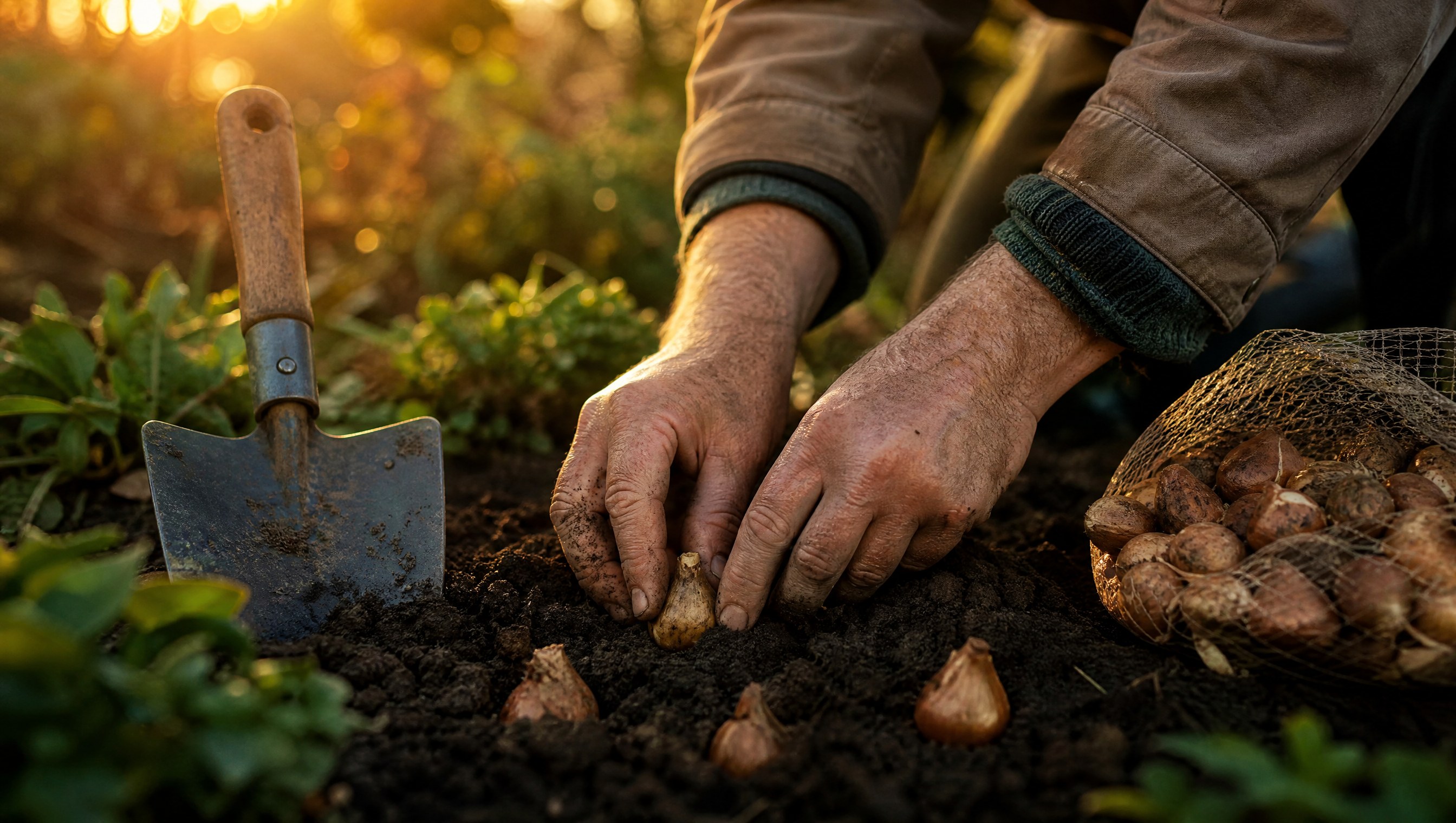 Weathered hands pressing brown tulip bulbs into dark cool soil beside a trowel in low autumn light