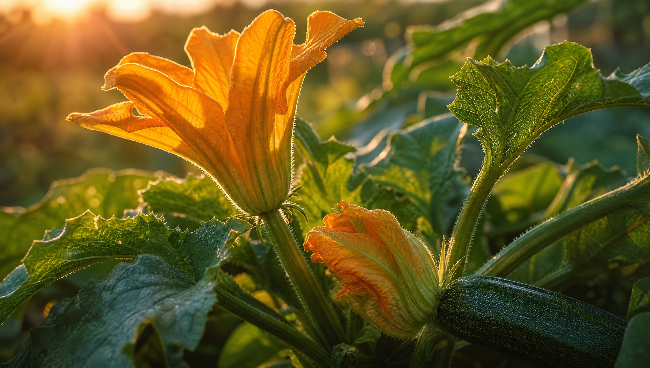 An open orange squash blossom in warm sunrise light with a small zucchini forming behind it