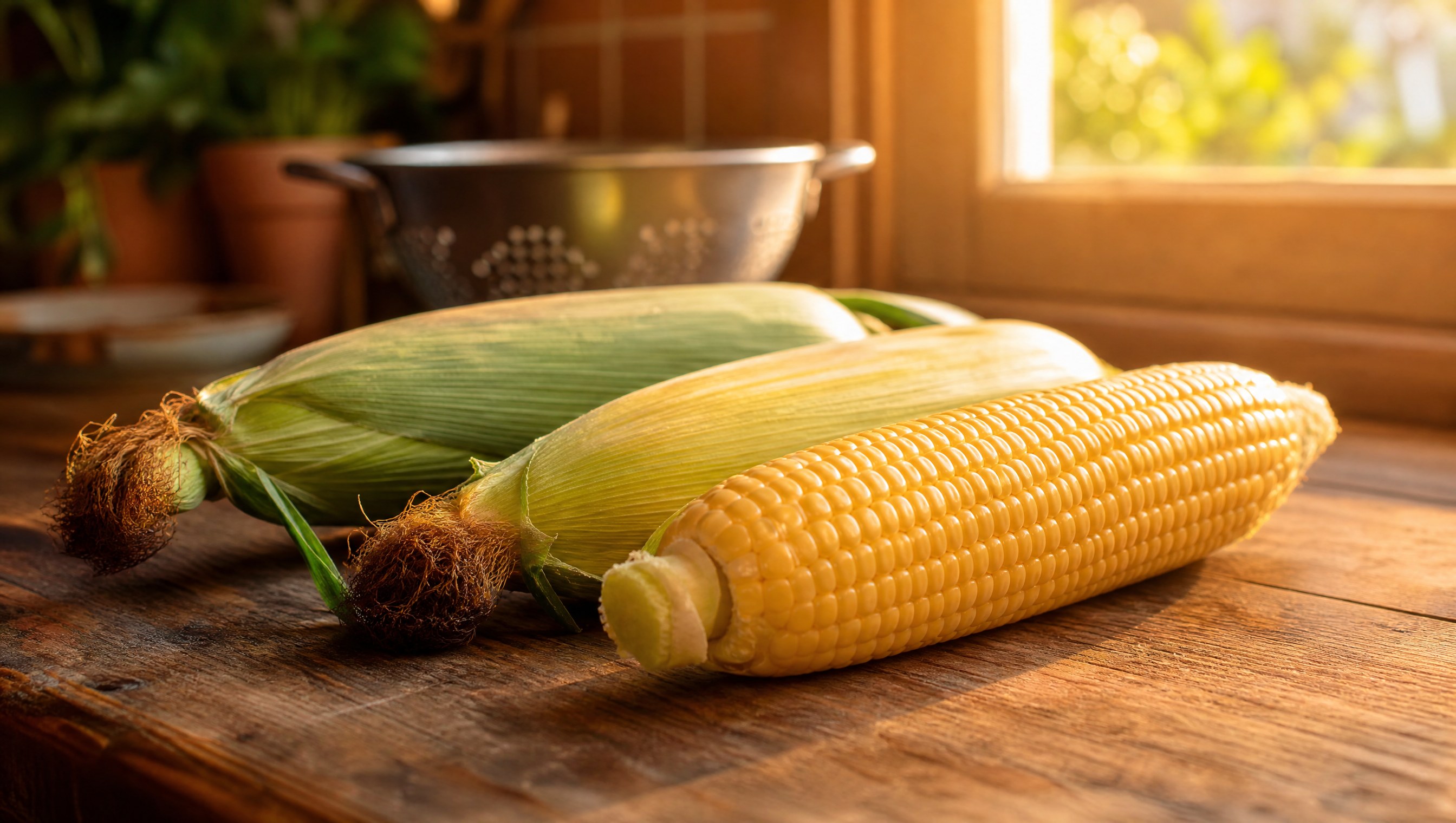 Four ears of fresh sweet corn on a weathered wooden kitchen counter by a sunny window, two in pale green husks and two shucked to show pale yellow kernels