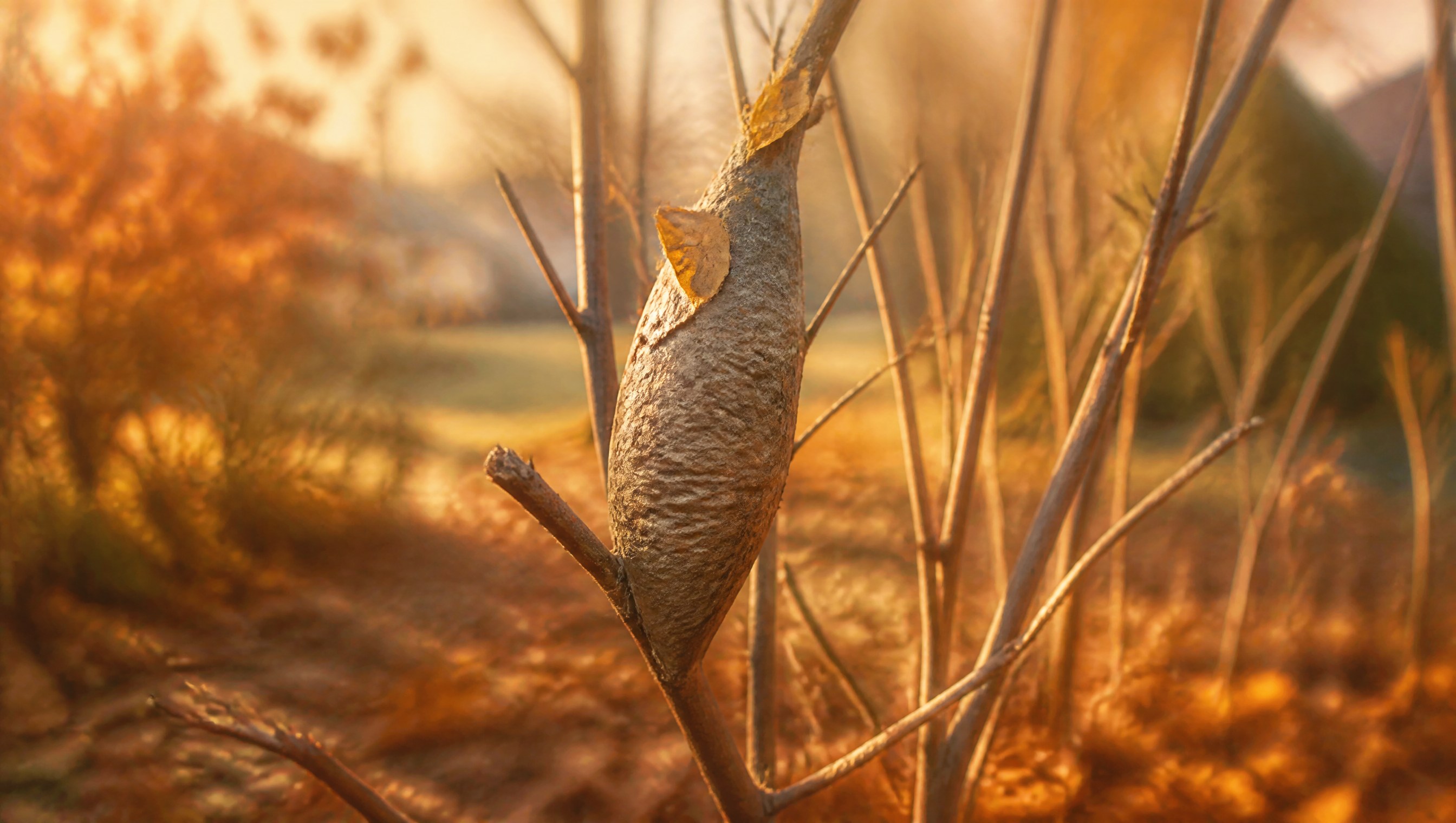 A baggy brown cecropia moth cocoon of silk fastened lengthwise along a bare lilac twig in golden October light, fallen leaves below