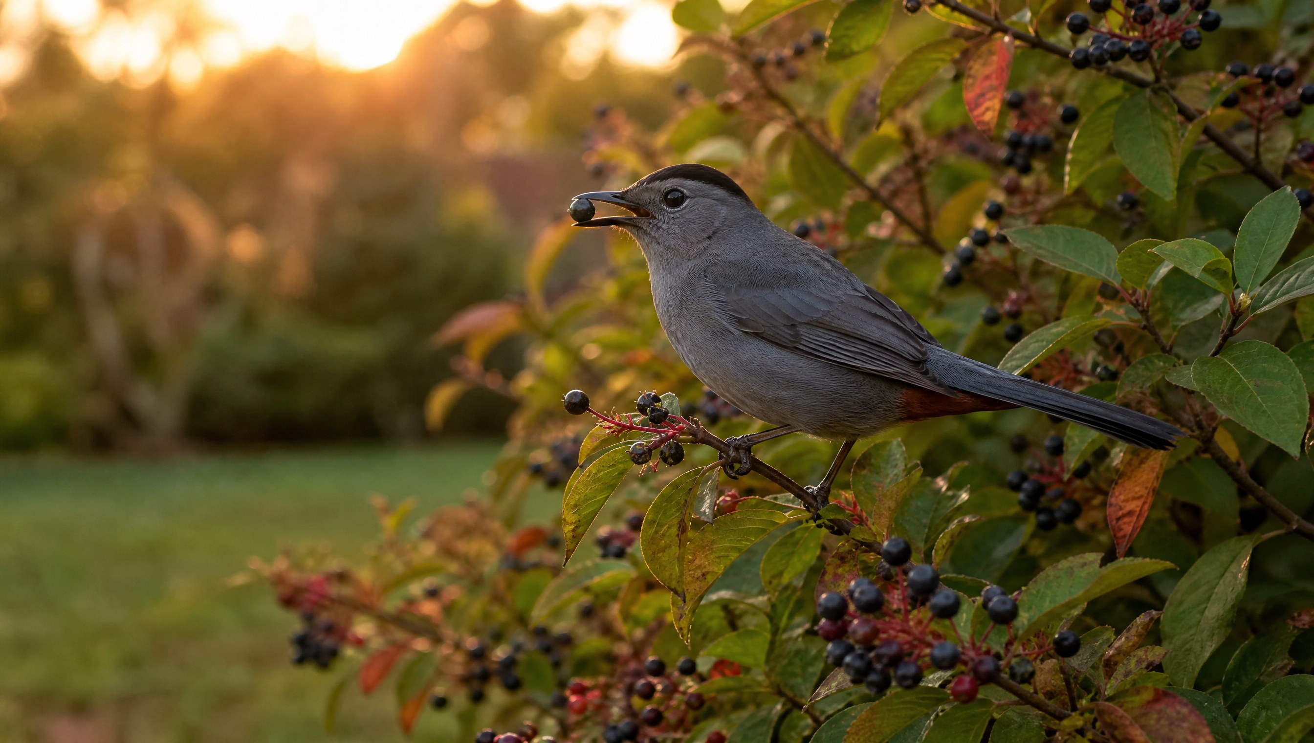 Gray catbird with a dark berry in its bill perched in a berry-laden hedge at golden hour