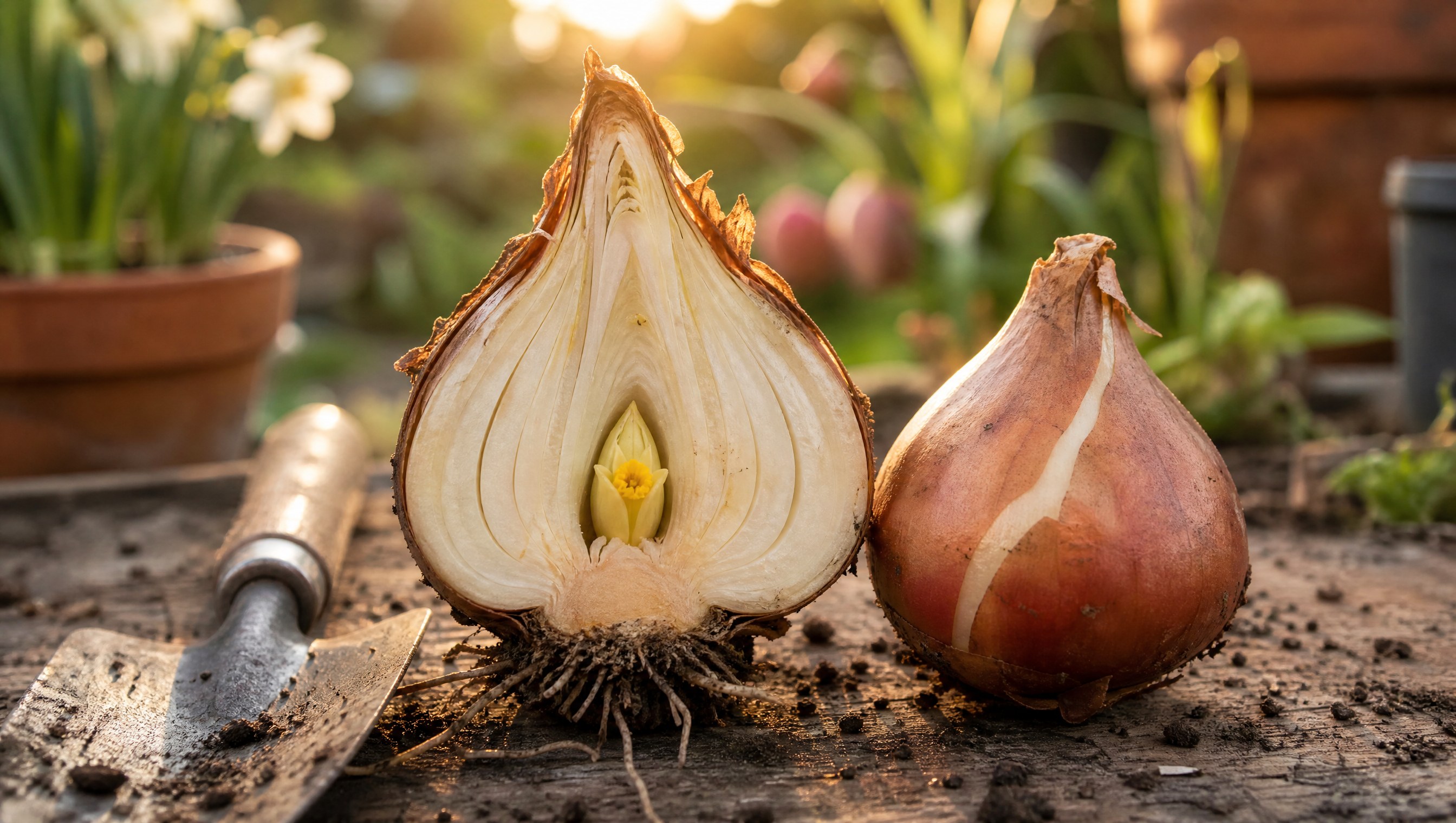 A daffodil bulb sliced lengthwise on a wooden potting bench, revealing the papery scales and a small formed flower bud at the center, golden light, an unsliced tulip bulb beside it