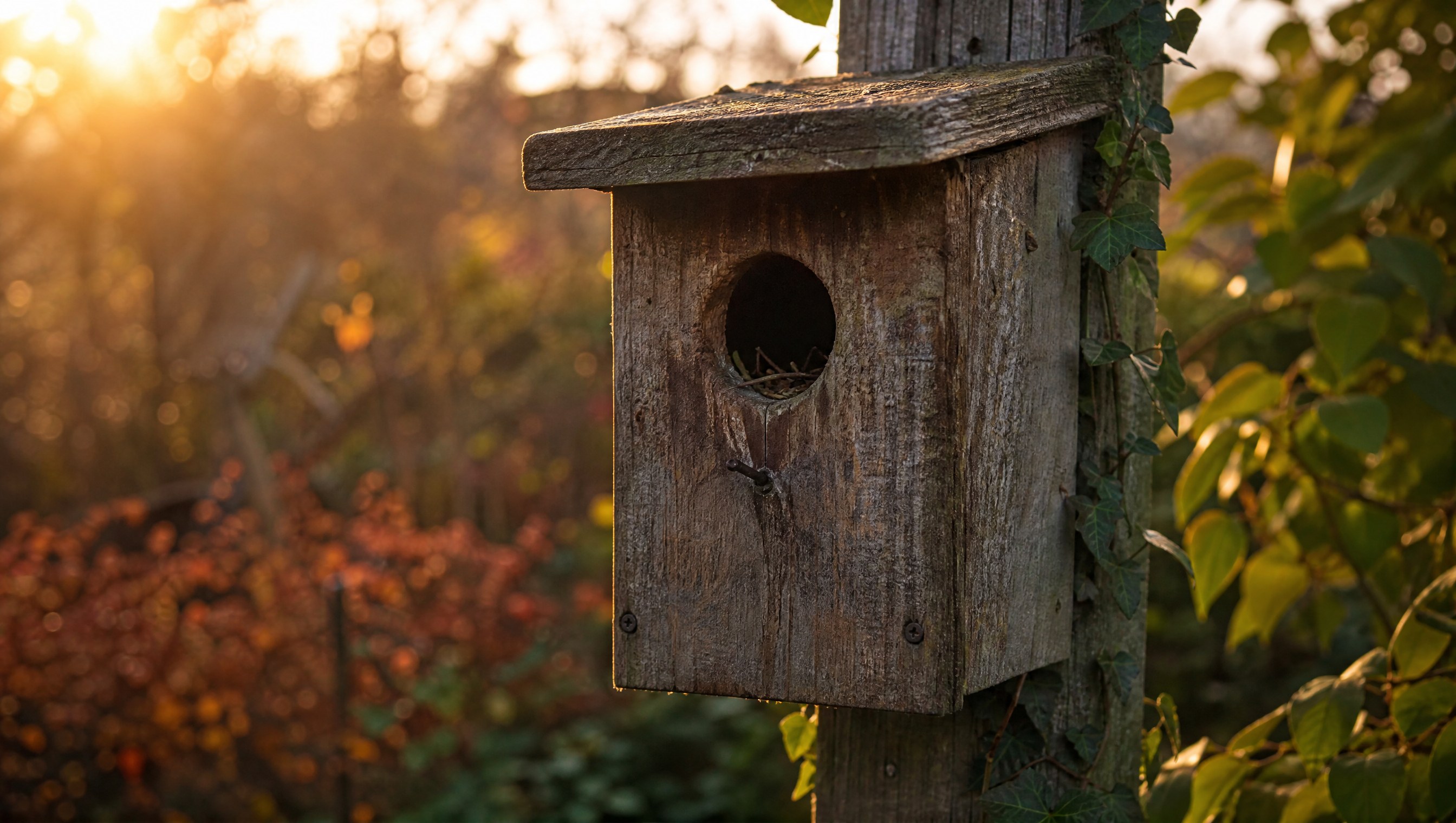 Golden-hour close-up of an empty wooden nest box with twigs visible inside the entrance hole, backlit garden behind it
