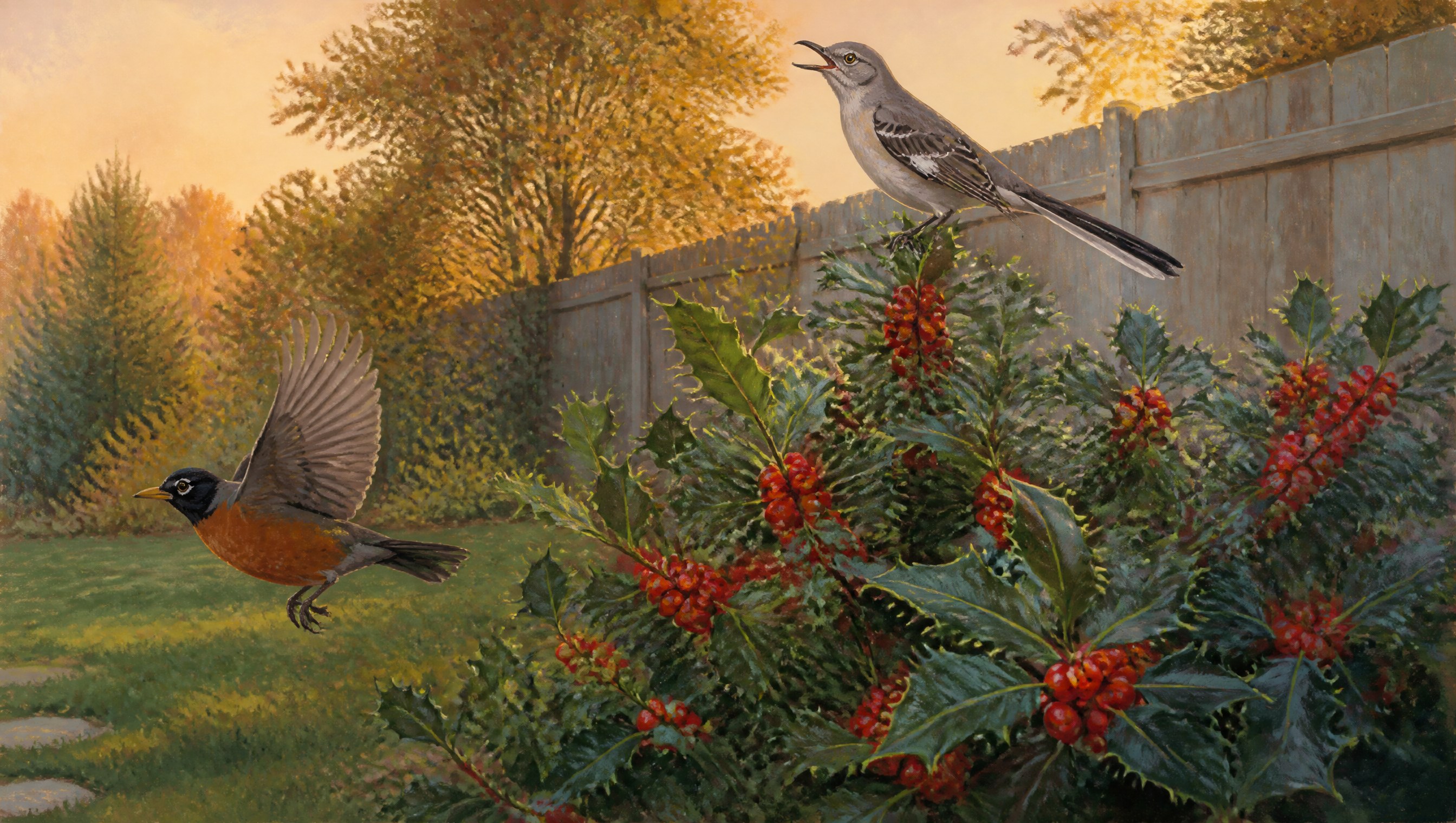 A northern mockingbird singing from the top of a holly shrub heavy with red berries at the edge of a backyard lawn in early-evening autumn light