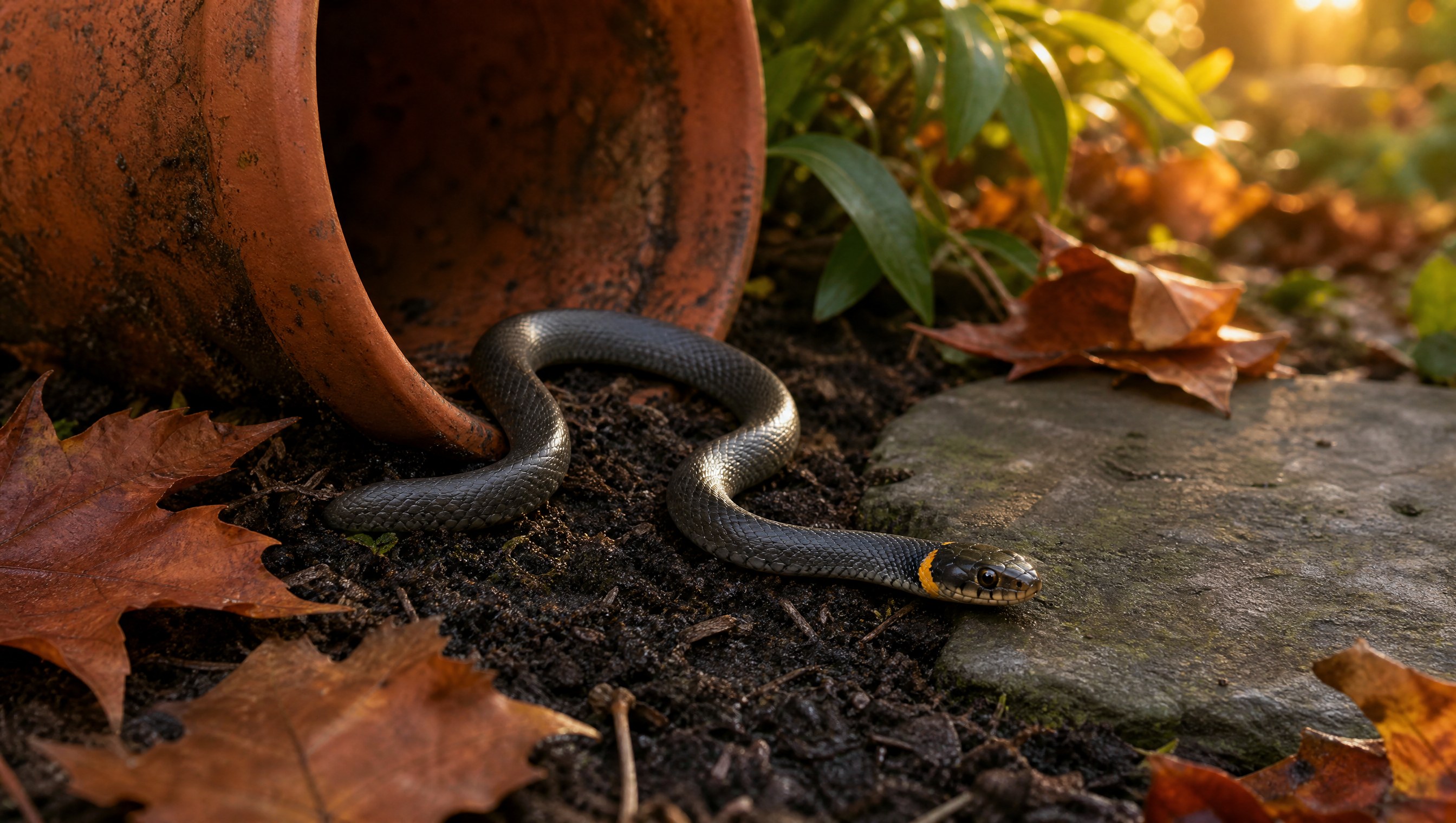 A small slate-gray ring-necked snake with a bright yellow-orange ring behind its head curled on damp soil beside a tipped terracotta flowerpot and fallen leaves