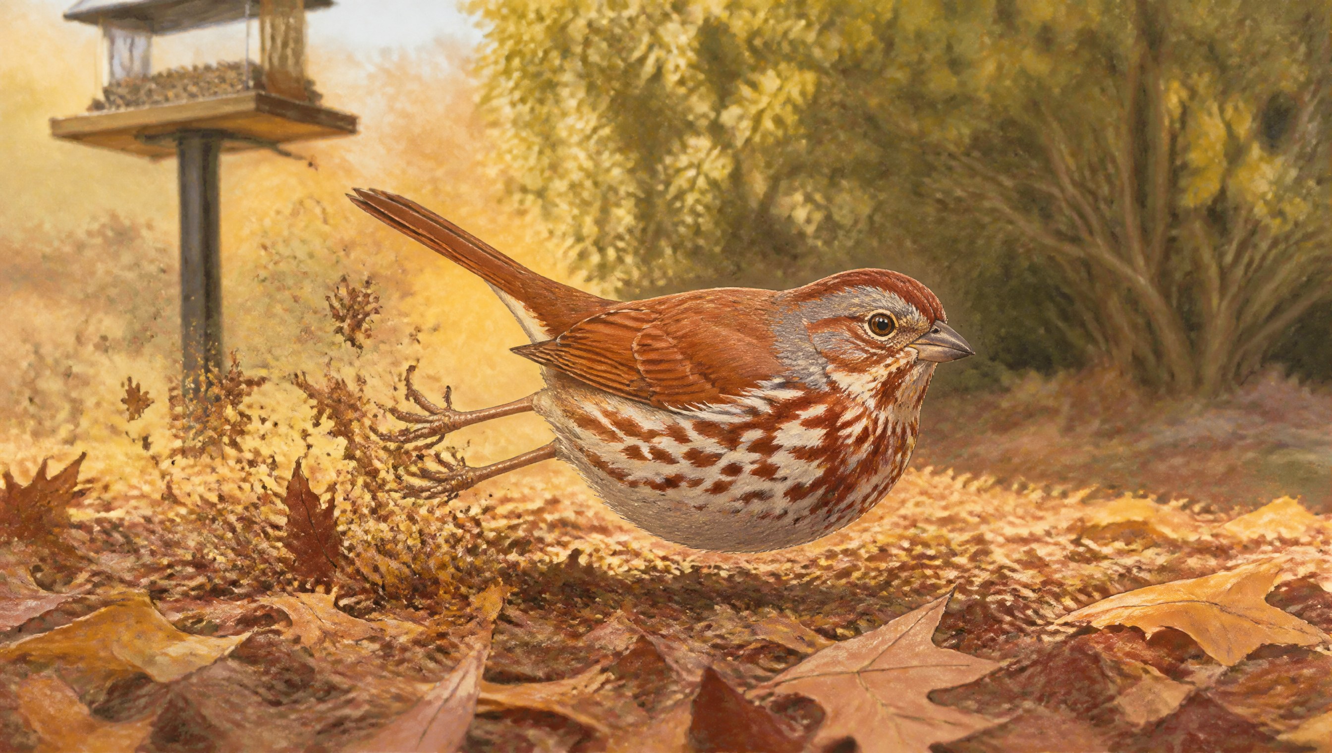 A large rusty-red fox sparrow scratching backward with both feet in fallen autumn leaves under a backyard bird feeder in golden October light