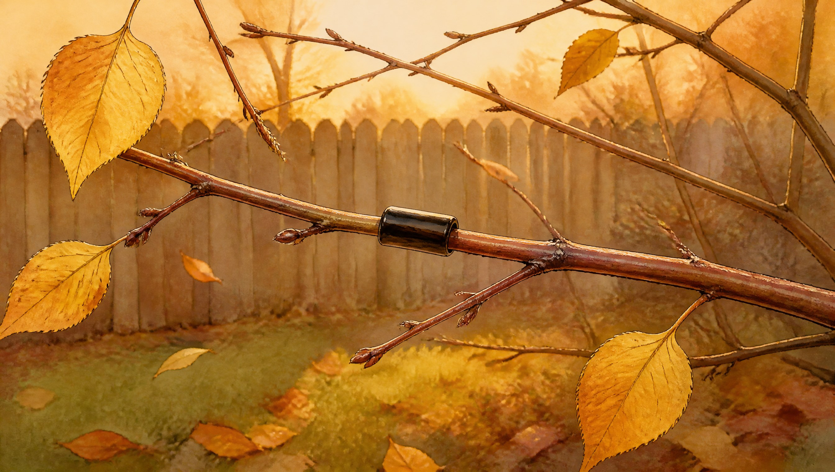 A bare wild cherry twig in golden October light with a glossy dark egg mass wrapped around it like a collar, yellow leaves falling behind
