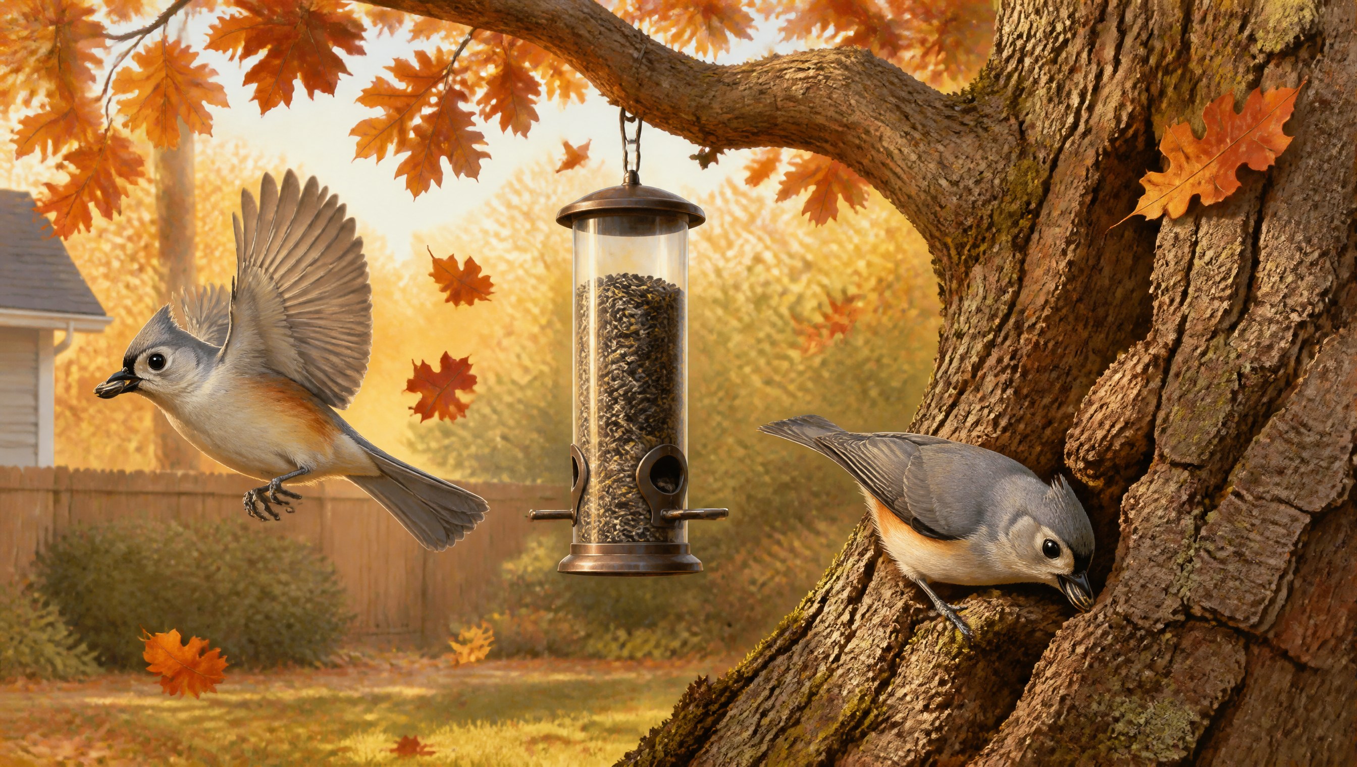 Two tufted titmice, small gray crested birds with rusty flanks, at a tube feeder of sunflower seeds on an oak in golden October light, one flying off with a single seed