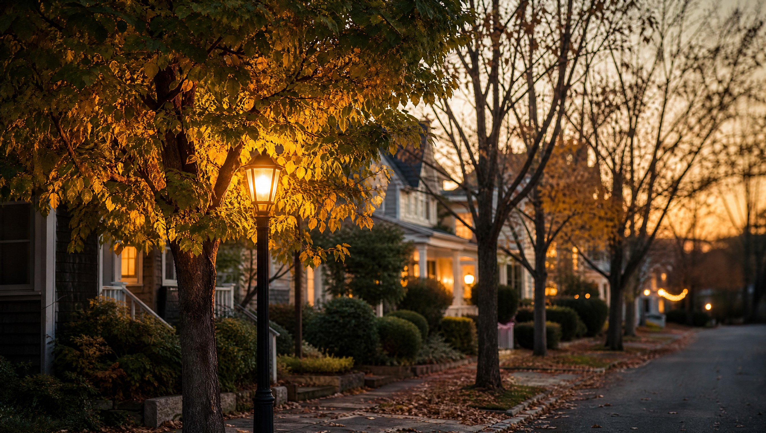 A street tree beside a glowing lamp post still holding a full crown of green and golden leaves at dusk, while the trees further down the sidewalk are nearly bare