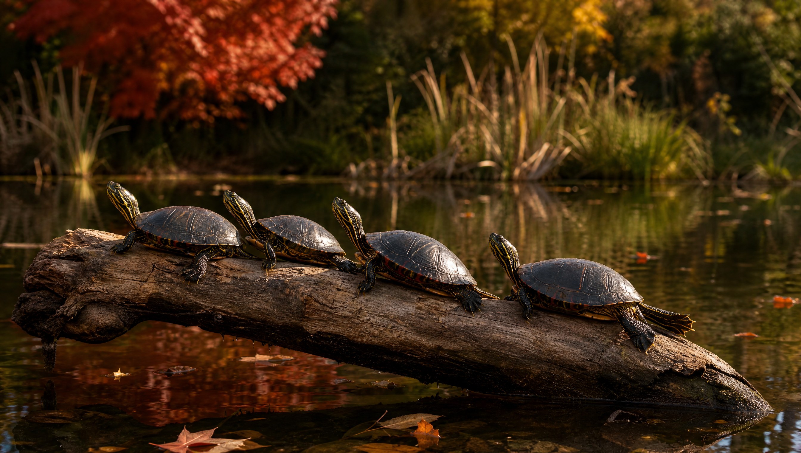 Painted turtles with dark shells edged in yellow and red lined up basking on a fallen log in a still pond in golden October light, with cattails and a red maple on the far bank
