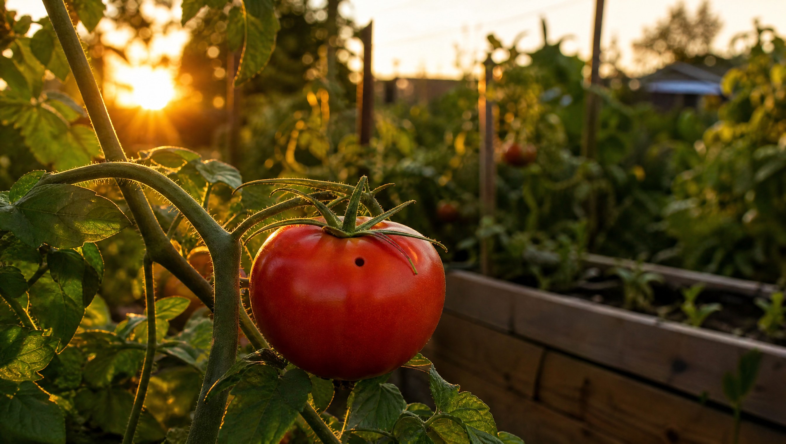 A ripe red tomato on the vine in a home garden with a single small peck hole near its top, low golden light