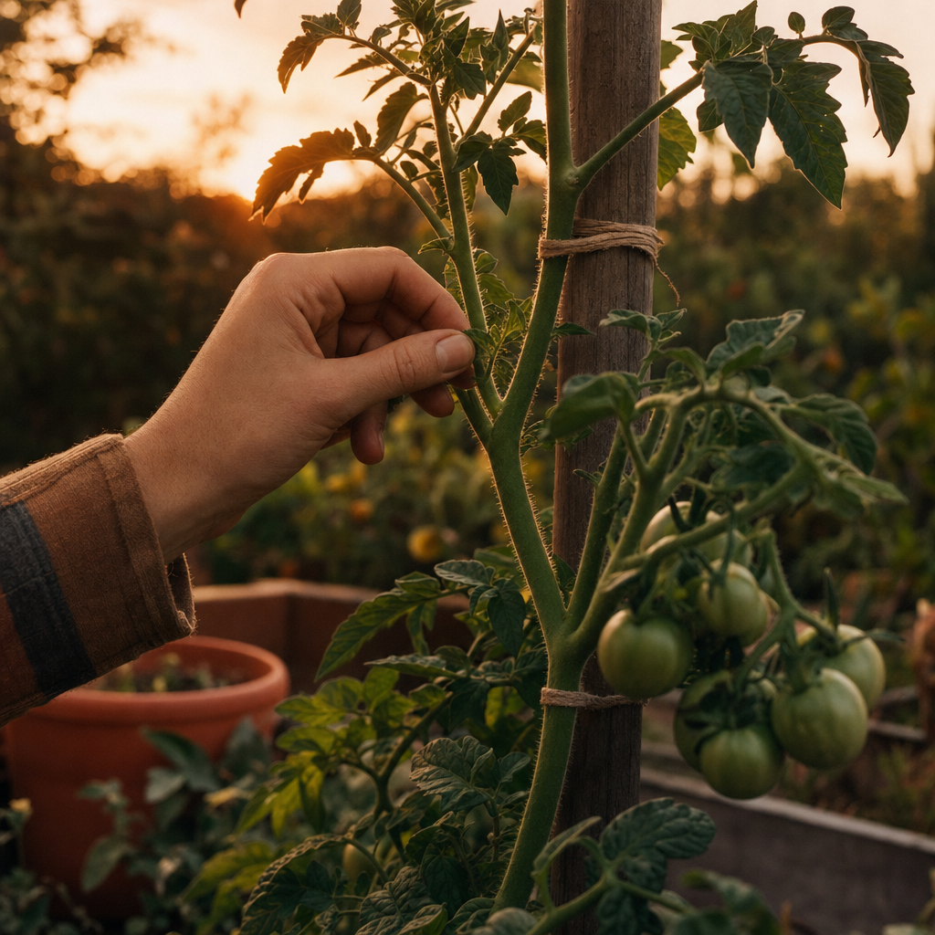 Fingers pinching a small side shoot on a staked tomato plant