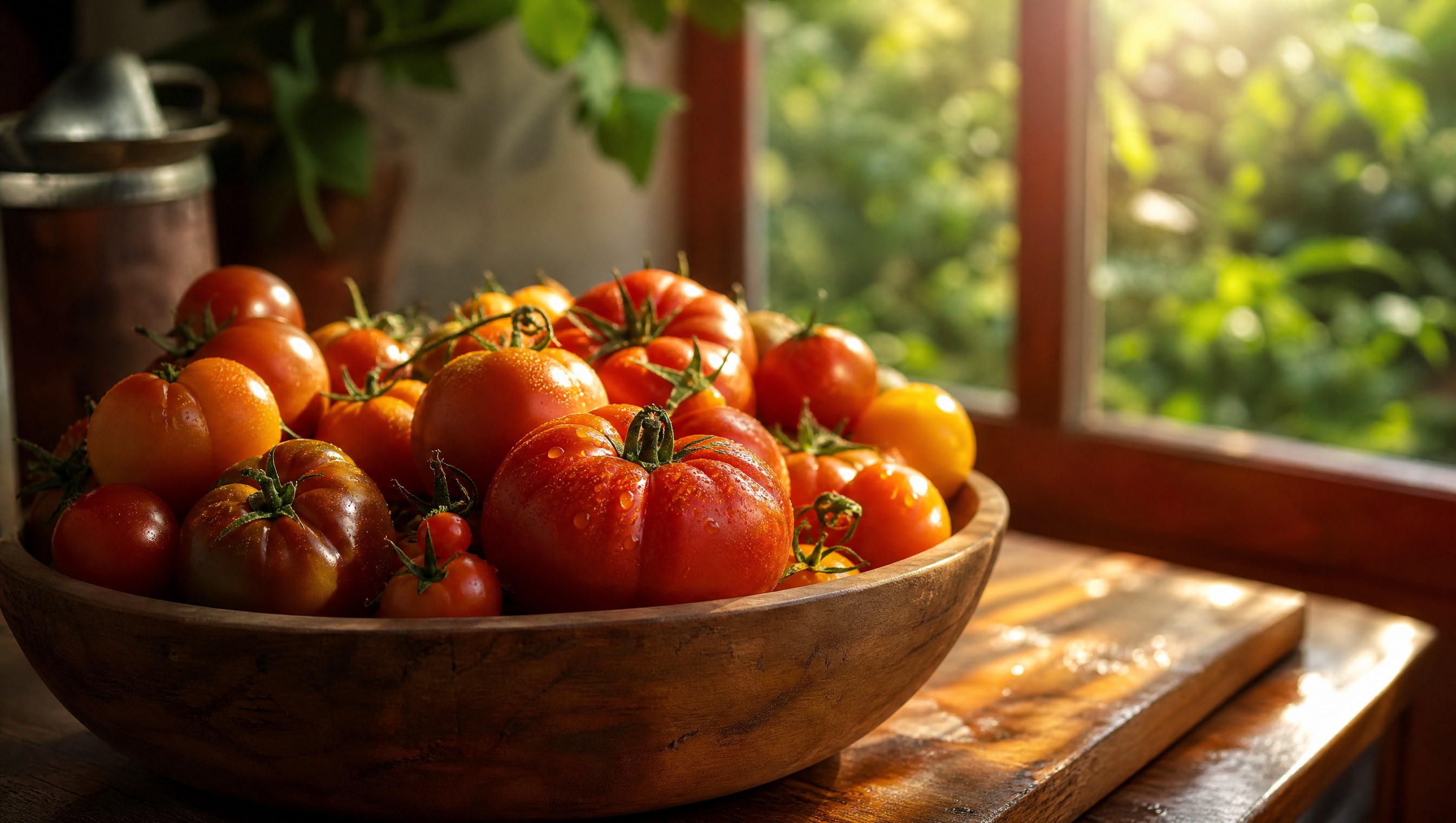 A wooden bowl heaped with ripe red and orange garden tomatoes, stems up, on a farmhouse counter in low September sun