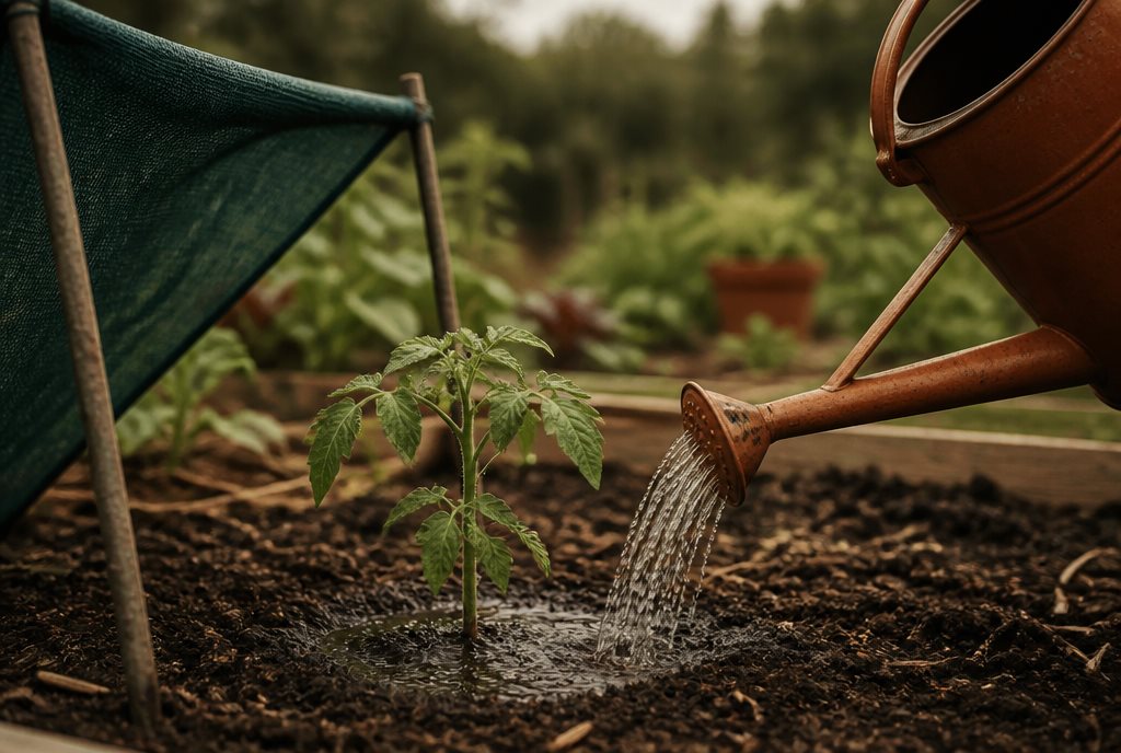 Freshly transplanted tomato seedling being watered gently at its base
