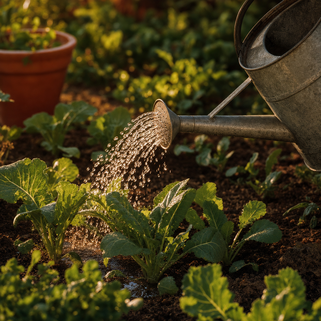 Galvanized watering can watering young plants in morning light