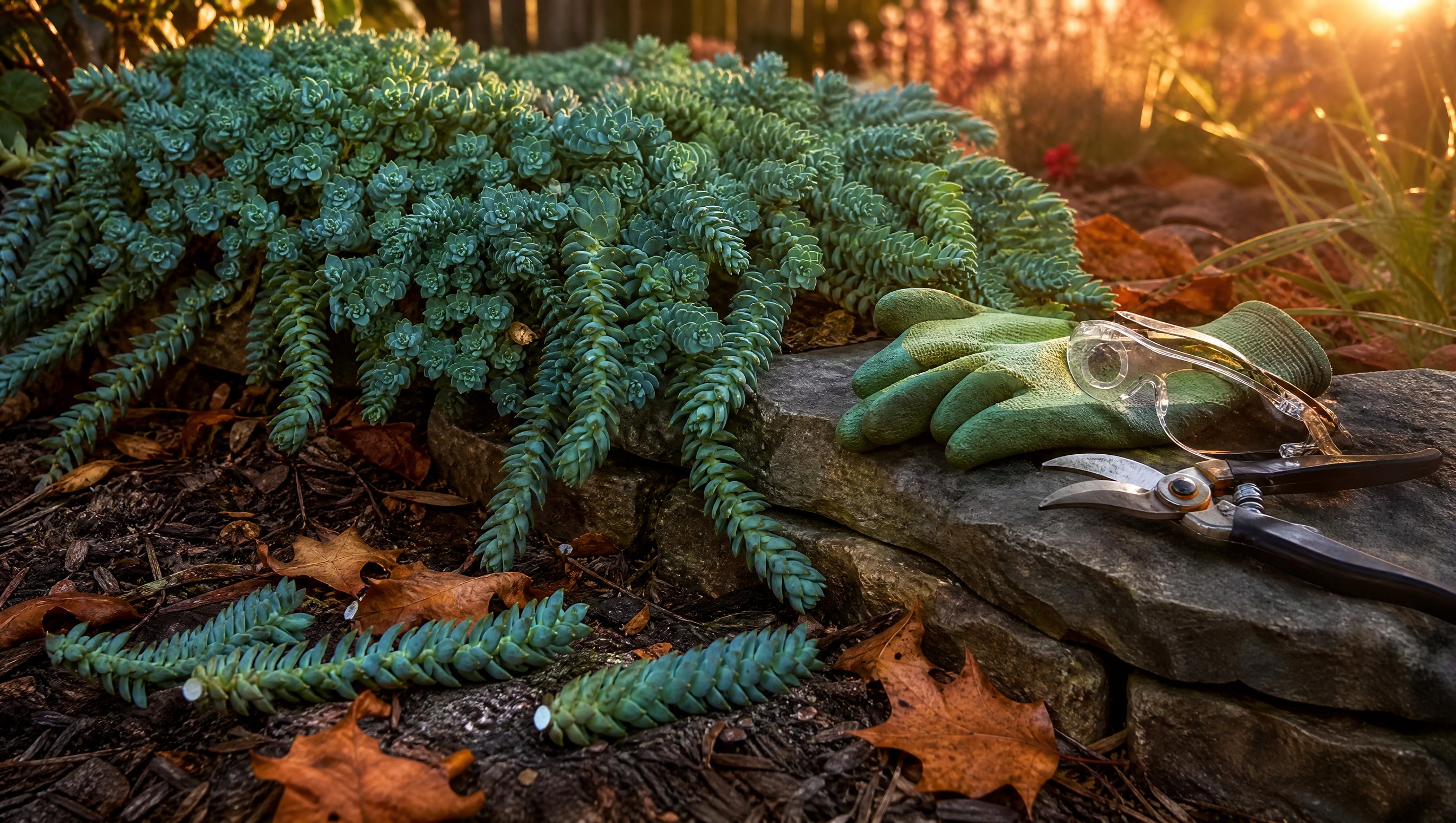 Blue-gray donkey-tail spurge spilling over a stone edging in October, cut stems on the mulch with beads of milky white sap, gardening gloves and safety glasses beside the pruners