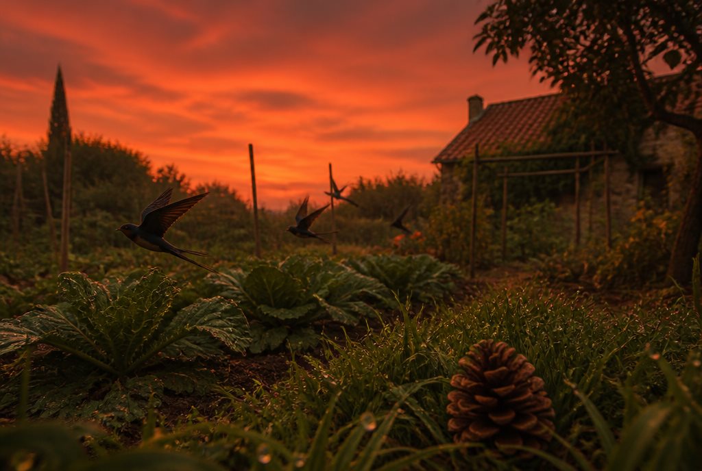 Garden at dusk under a red evening sky with swallows flying low