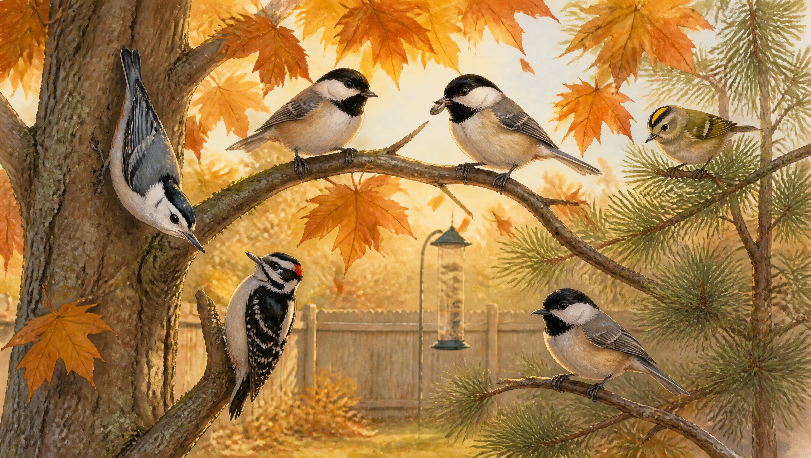 A small mixed winter flock in a maple and white pine in golden October light: black-capped chickadees, a white-breasted nuthatch head-down on the trunk, a downy woodpecker and a golden-crowned kinglet