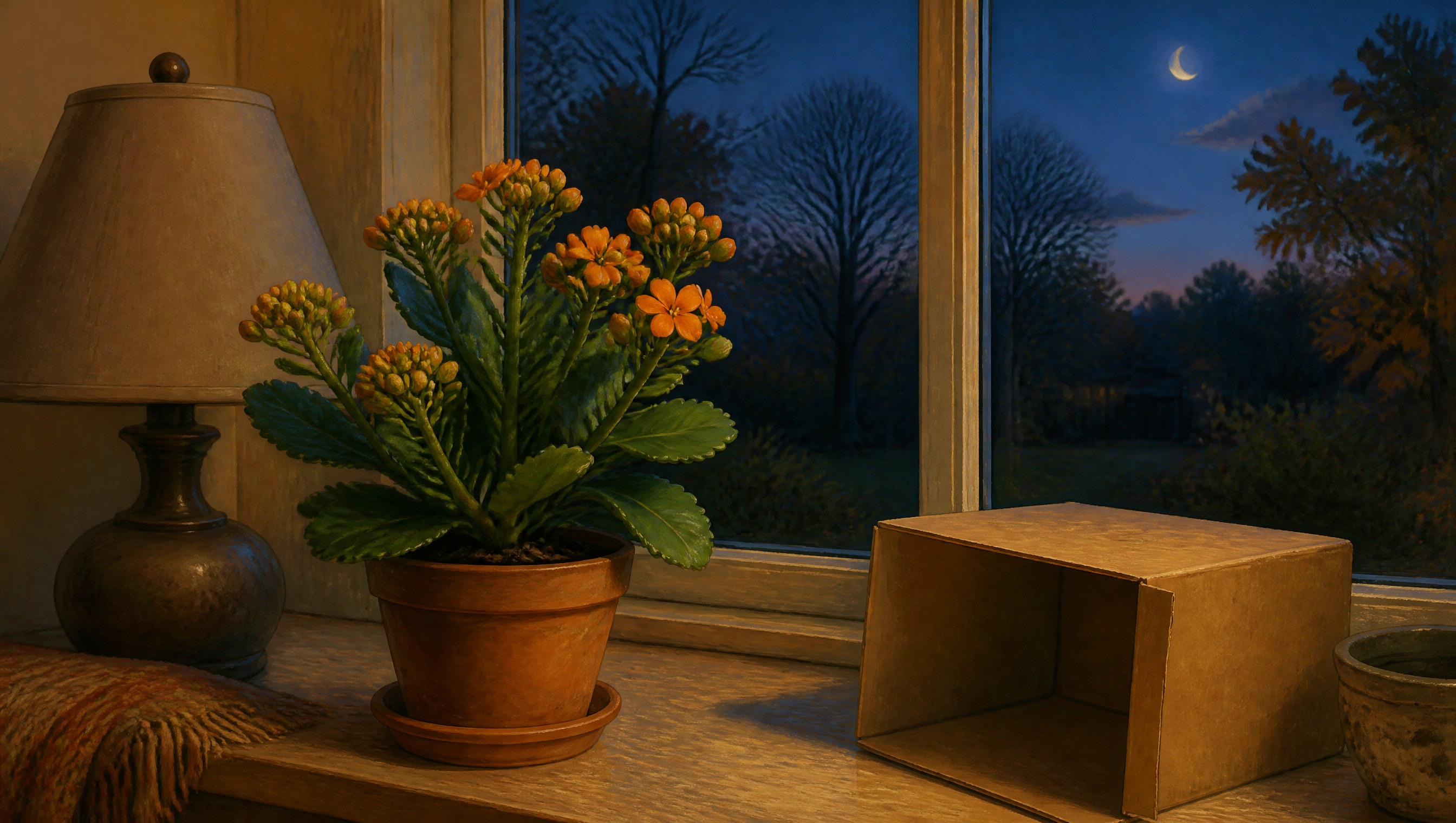 A potted kalanchoe with glossy scalloped leaves and small clusters of orange flower buds on a windowsill at blue October dusk, beside a table lamp that is switched off