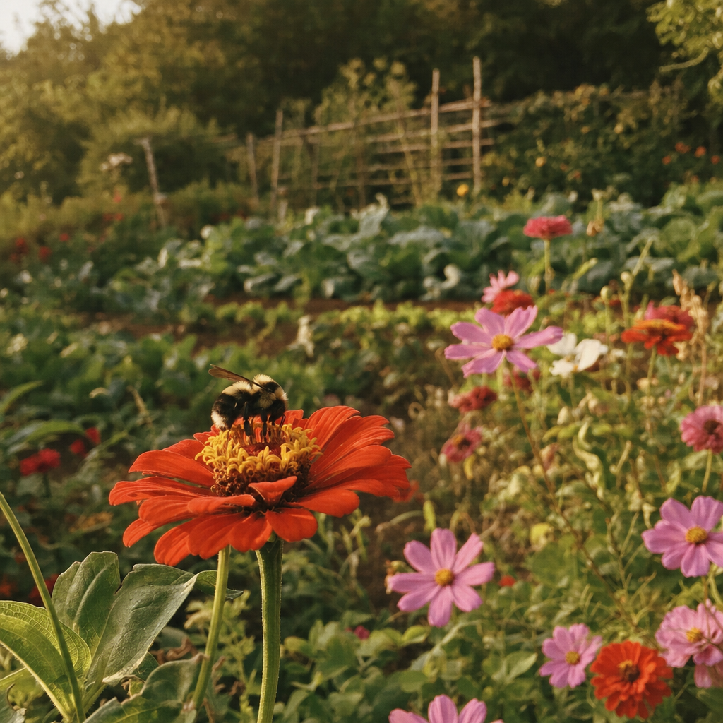 Bumblebee on a zinnia at the edge of a vegetable garden